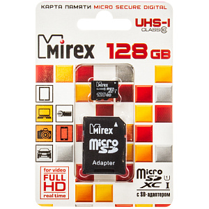 Карта MicroSD 128 Gb "MIREX" Class 10, с адаптером, UHS-1