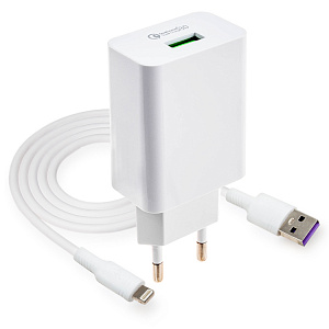 СЗУ L036, 18Вт, USB, поддержка QC, + кабель Lightning, белое (-)