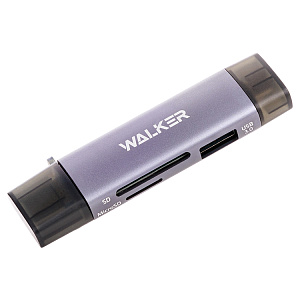 Картридер WALKER WCD-83 (SD/micro SD/USB), Type-C-USB-MicroUSB, металл, серый