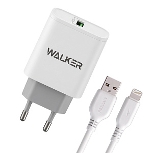 СЗУ WALKER  WH-35, 2в1, 3А, 18Вт, USB, поддержка QC + кабель для Lightning, белое