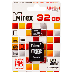 Карта MicroSD  32 Gb "MIREX" Class 10, с адаптером, UHS-1