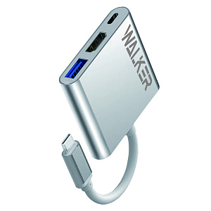 Разветвитель USB WALKER WHUB-35, 3в1, серебряный, (мятая упак)