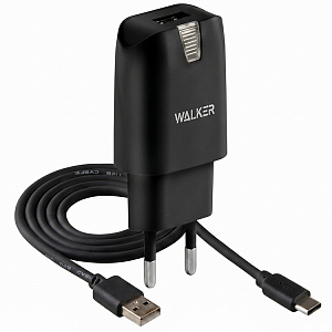 СЗУ WALKER  WH-21, 2в1, 2.1А, 10,5Вт, USB, + кабель Type-C, черное