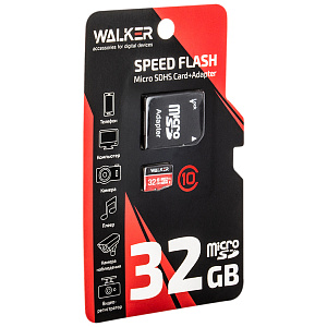 Карта памяти MicroSDHC  32 Гб WALKER, Класс 10, 75-20 Мб/с, с адаптером, UHS-1
