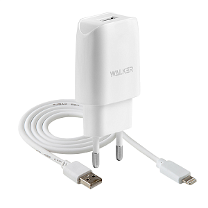 СЗУ WALKER  WH-21, 2в1, 2.1А, 10,5Вт, USB + кабель для Lightning, белое