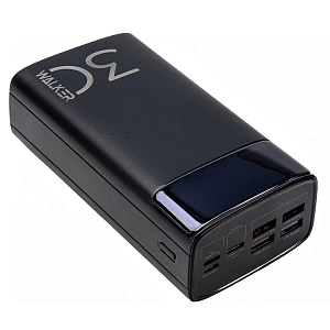 Power Bank Walker WB-635, 30000 mAh, Li-Pol, 3A, 22,5Вт, QC+PD, с 3 встроенными кабелями, черный