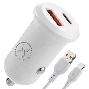 АЗУ CC69, 30Вт, Type-C/USB, поддержка PD, + кабель Type-C, белое (-)