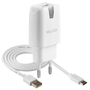 CЗУ WALKER 2в1 WH-21, 2.1А, 10,5Вт, USB, + кабель Type-C, белое