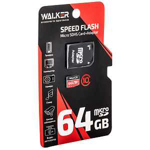 Карта MicroSD  64 Gb "WALKER" Class 10, 95-30 Мб/с, с адаптером, UHS-1