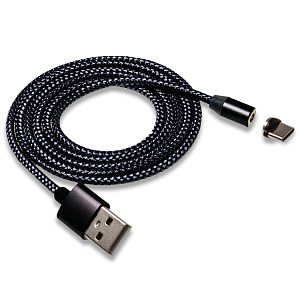 Кабель USB "WALKER" C590, 2.4А, Type-C, магнитный, для зарядки, индикатор, нейлон, черный