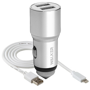 АЗУ WALKER  WCR-21, 2в1, 2.4А, 12Вт, USBx2 + кабель для Lightning, серебряное