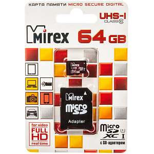 Карта MicroSD  64 Gb "MIREX" Class 10, с адаптером, UHS-1