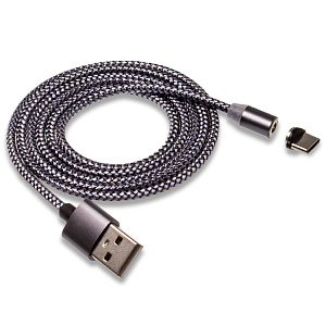 Кабель USB "WALKER" C590, 2.4А, Type-C, магнитный, для зарядки, индикатор, нейлон, серый