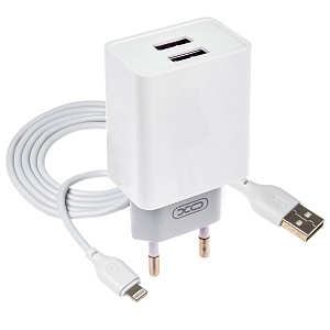 СЗУ L065, 12Вт, 2.4A, USBx2, + кабель Lightning, белое (+/-)