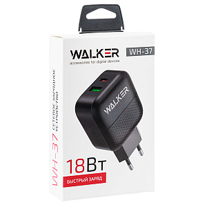 СЗУ WALKER  WH-37, 3А, 18Вт, USB/Type-C, поддержка QC+PD, черное