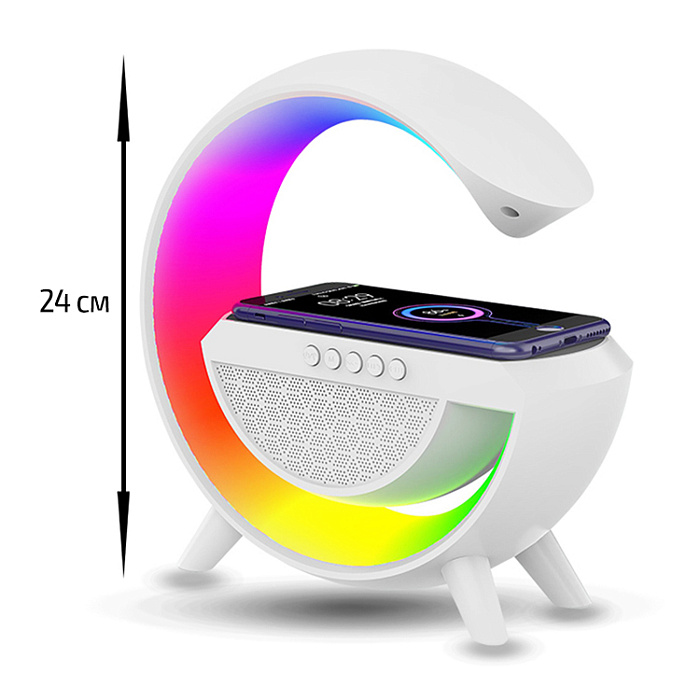 Колонка JQS1220, Bluetooth, 24см, дин.1шт/2", 10Вт, подсветка, беспр. зарядка, белая