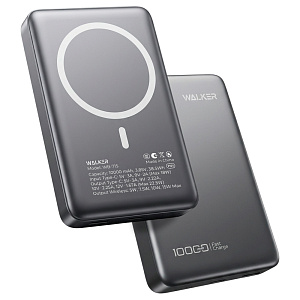 Power Bank Walker WB-715, для Magsafe, 10000 mAh, Li-Pol, 20W, PD+Qi, металл, cерый