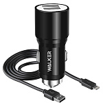 АЗУ WALKER  WCR-21, 2в1, 2.4А, 12Вт, USBx2 + кабель для Lightning, черное