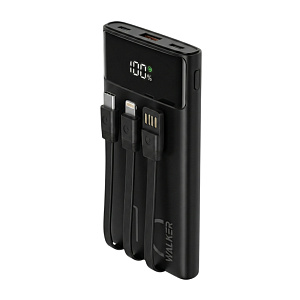 Power Bank Walker WB-615, 10000 mAh, Li-Pol, 22.5W, QC+PD, с 3 встроенными кабелями, черный