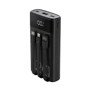 Power Bank Walker WB-625, 20000 mAh, Li-Pol, 22.5W, QC+PD,  с 3 встроенными кабелями, черный
