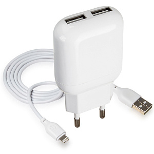 СЗУ L078, 12Вт, 2.4А, USBx2, + кабель для Lightning, белое (+/-)