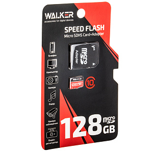 Карта MicroSD 128 Gb "WALKER" Class 10, 95-45 Мб/с, с адаптером, UHS-1