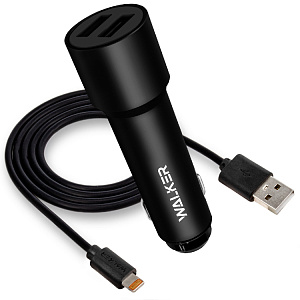 АЗУ WALKER  WCR-22, 2в1, 2.4А, 12Вт, USBx2 + кабель для Lightning, длинный корпус, черное