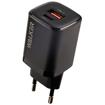 СЗУ WALKER  WH-60 GaN, 3А, 30Вт, USB/Type-C, поддержка QC+PD, черное