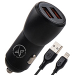 АЗУ CC55, 18Вт, USBx2, поддержка QC, + кабель Lightning, черное (-)