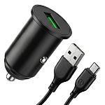 АЗУ TZ12, 3А, 18Вт, USB,  поддержка QC, + кабель Micro, черное (-)