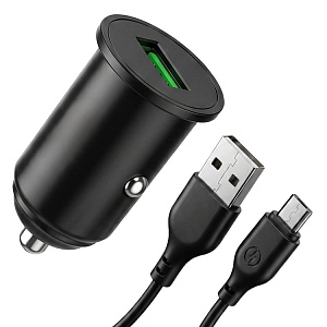 АЗУ TZ12, 3А, 18Вт, USB,  поддержка QC, + кабель Micro, черное (-)